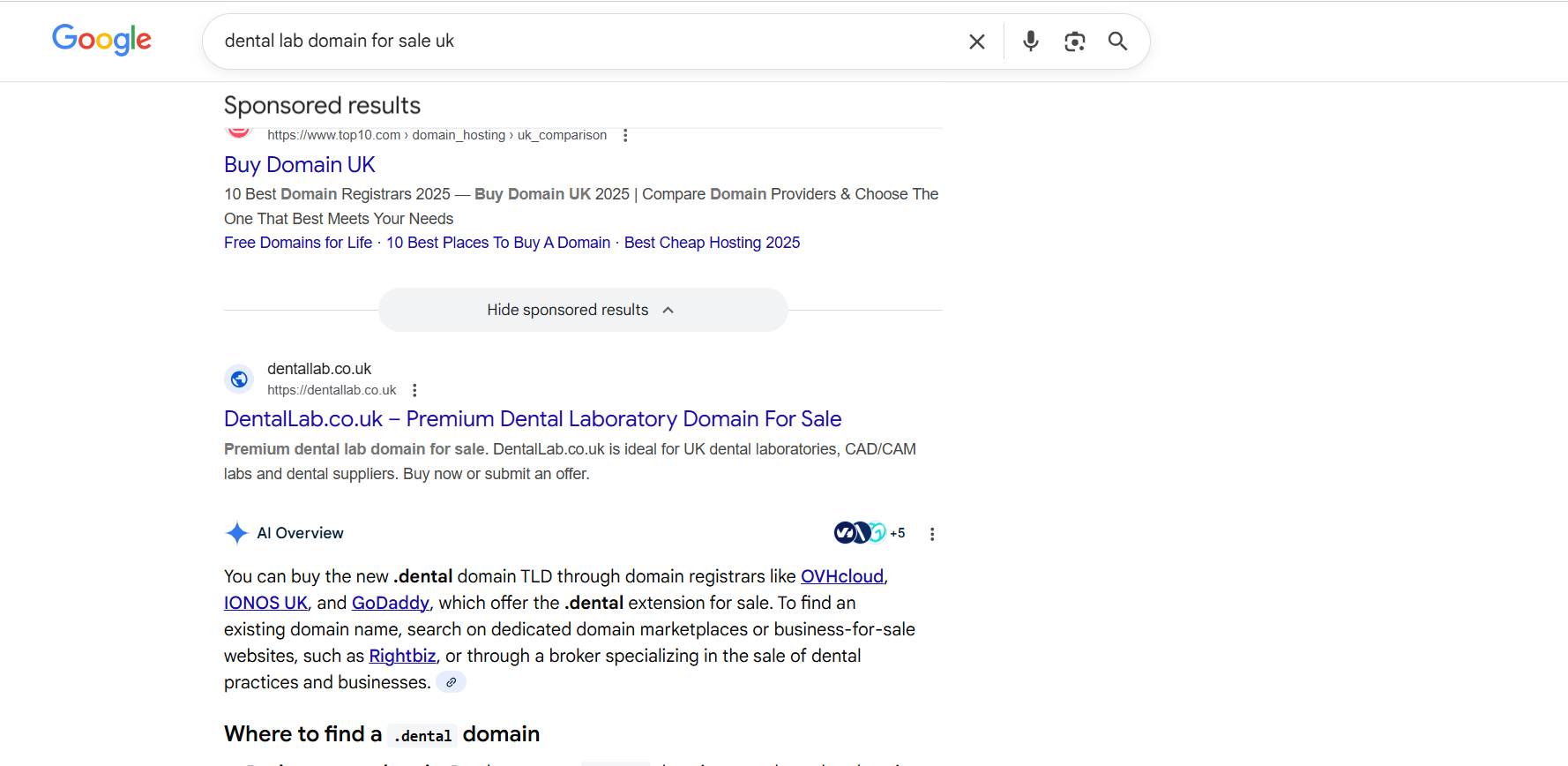 Google ranking screenshot for DentalLab.co.uk